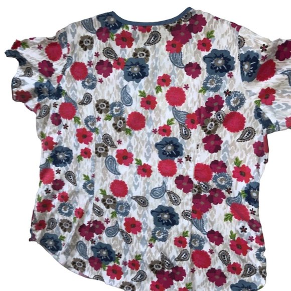 UA Scrubs Top Red Floral with Blue Brown Paisley Print Size LG - Picture 3 of 8